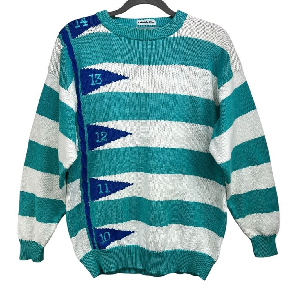 Vintage Izod Club Hand Intarsia Striped Embroided Back Nine Golf Crewneck Sweate